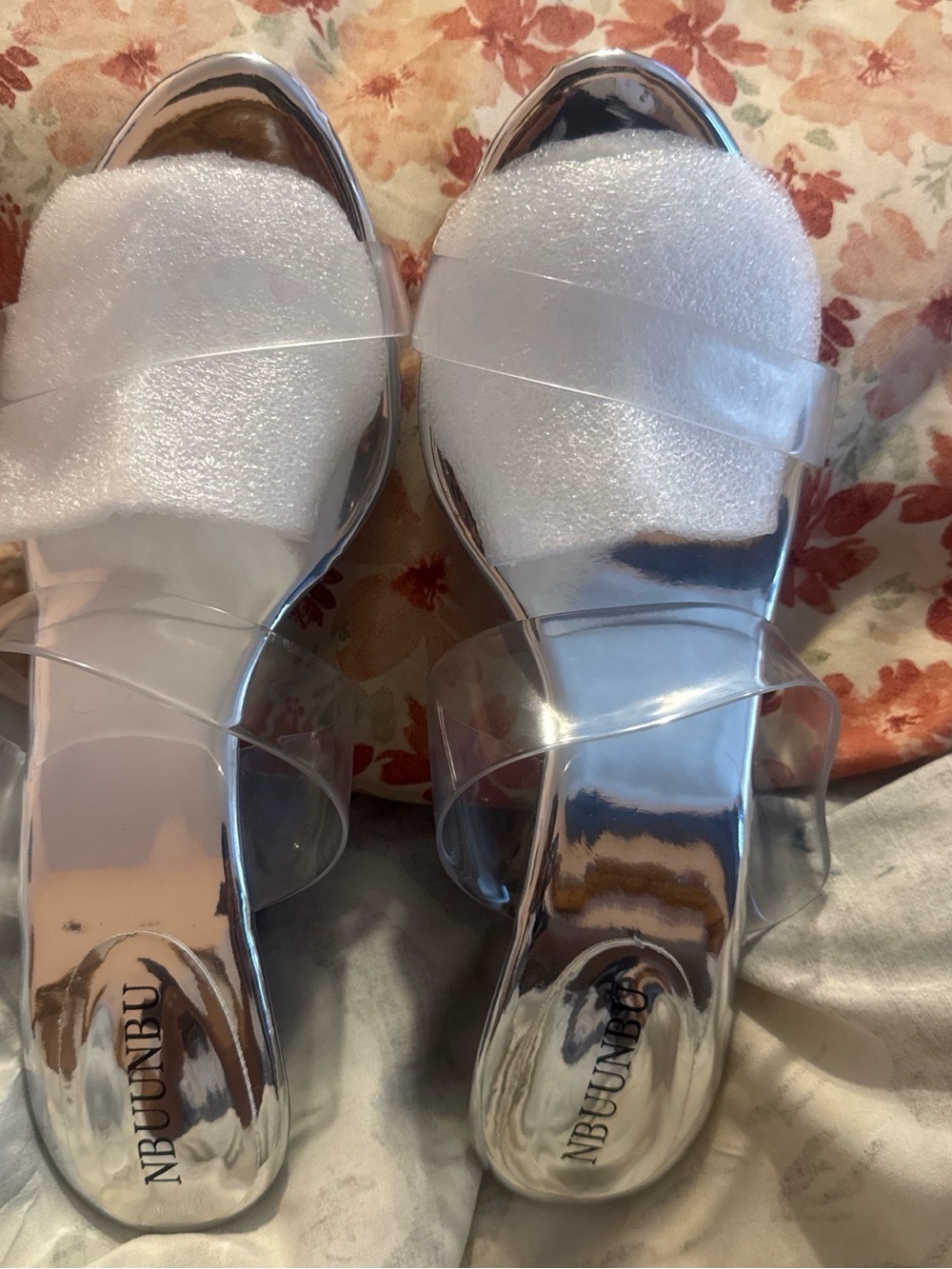 Clear Strap Silver Slide Heels - Women's